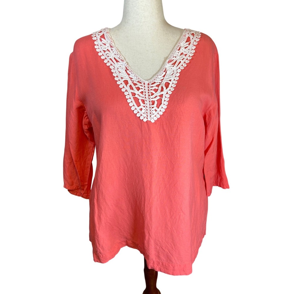 Premise Coral Linen Blend Crochet Lace V-Neck Tunic Top XL